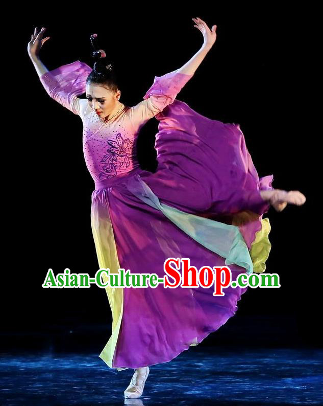 Traditional Chinese Classical Dance Qie Kan Xing Yun Costume Stage Show Beautiful Dance Purple Dress for Women