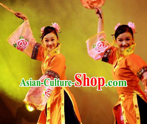 Chinese Beautiful Dance Wan Shan Shi Nv Orange Costume Traditional Palace Fan Classical Dance Competition Dress for Women