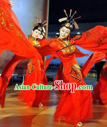 Chinese Beautiful Dance Xi Shi Water Sleeve Red Costume Traditional Umbrella Dance Classical Dance Competition Dress for Women