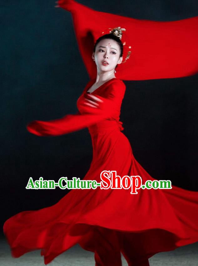 Beautiful Chinese Dance Yue Ren Song Dance Costume Traditional Classical Dance Red Dress for Women