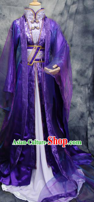 Traditional Chinese Cosplay Swordsman King Purple Costume Ancient Royal Highness Hanfu Clothing for Men