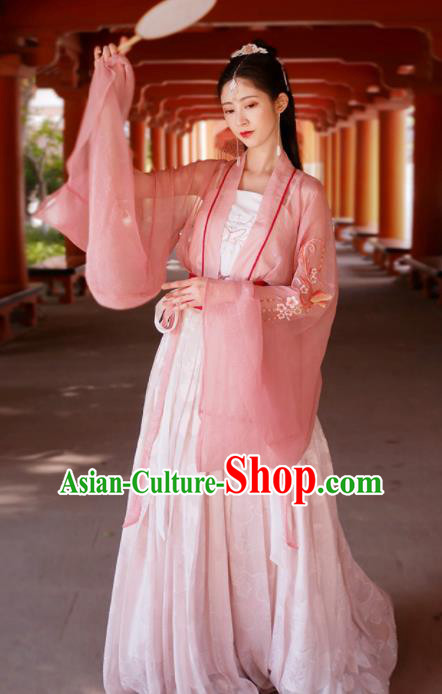 Traditional Chinese Tang Dynasty Historical Costume Ancient Court Lady Pink Hanfu Dress for Women