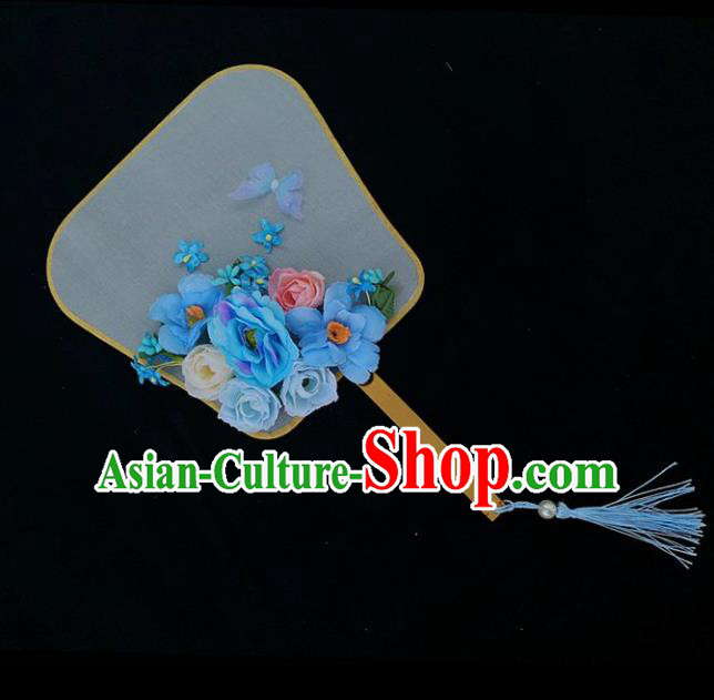 Chinese Ancient Princess Wedding Blue Flowers Palace Fans Traditional Hanfu Round Fan for Women