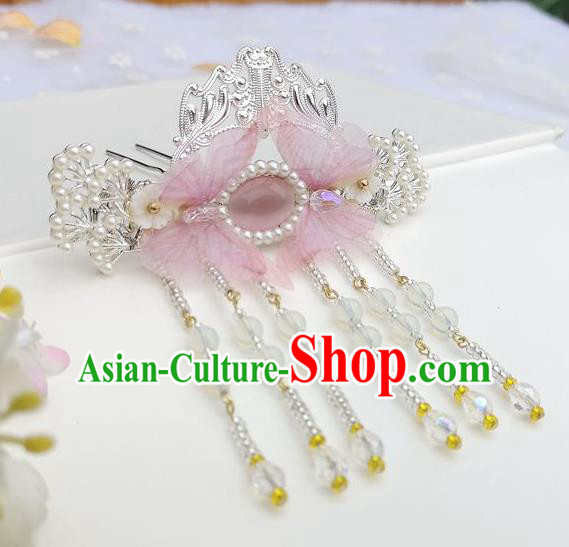 Chinese Ancient Princess Hair Accessories Traditional Hanfu Pink Silk Butterfly Hairpins for Women