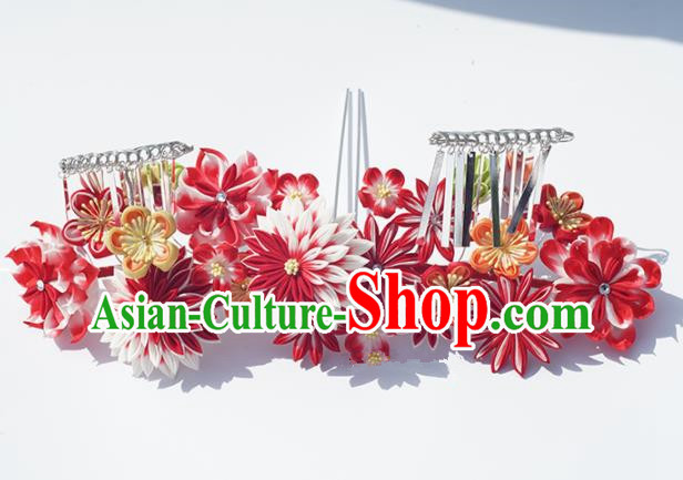 Japanese Geisha Kimono Hair Accessories Traditional Red Chrysanthemum Hairpins for Women