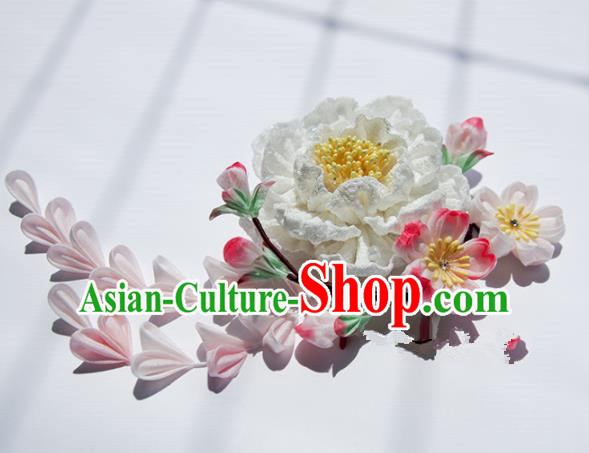 Japanese Geisha Kimono White Peony Tassel Hair Claw Hairpins Traditional Hair Accessories for Women