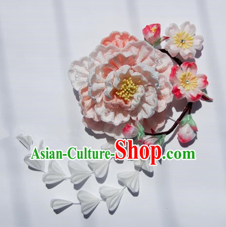 Japanese Geisha Kimono Pink Peony Tassel Hair Claw Hairpins Traditional Hair Accessories for Women