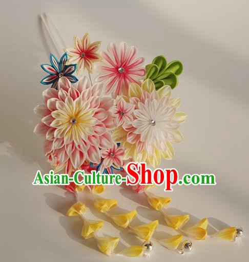 Japanese Geisha Kimono Pink Chrysanthemum Tassel Hairpins Traditional Hair Accessories for Women