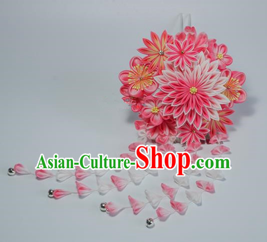 Japanese Geisha Kimono Pink Chrysanthemum Tassel Hairpins Traditional Yamato Hair Accessories for Women