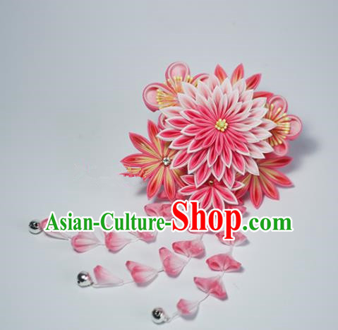 Japanese Geisha Kimono Pink Chrysanthemum Tassel Hair Claw Hairpins Traditional Yamato Hair Accessories for Women