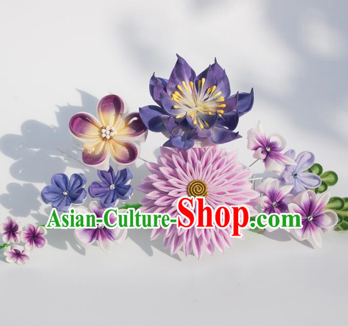 Japanese Geisha Kimono Purple Lotus Chrysanthemum Hairpins Traditional Yamato Hair Accessories for Women