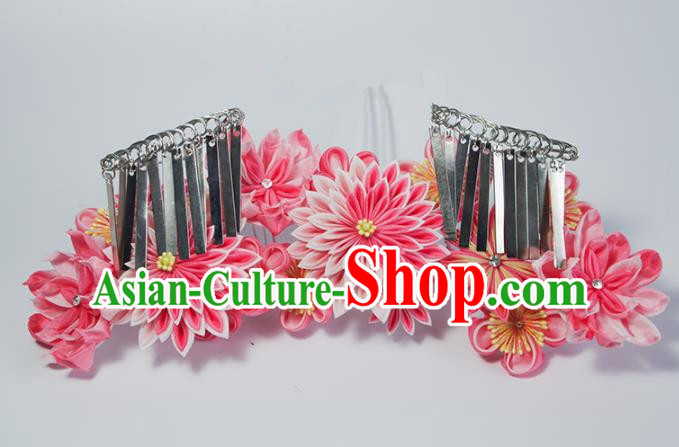 Japanese Geisha Kimono Pink Chrysanthemum Hair Crown Hairpins Traditional Yamato Hair Accessories for Women