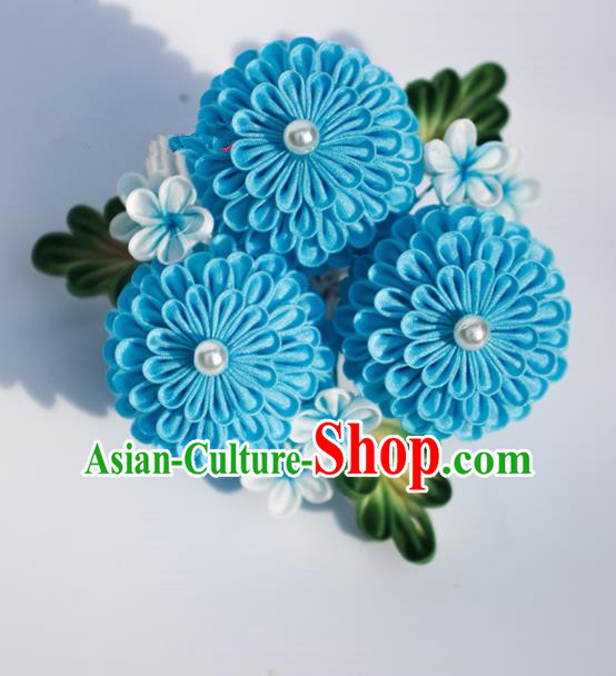 Japanese Geisha Kimono Blue Chrysanthemum Hair Claw Hairpins Traditional Yamato Hair Accessories for Women