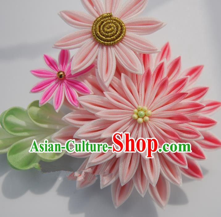 Japanese Geisha Kimono Pink Chrysanthemum Hair Claw Hairpins Traditional Yamato Hair Accessories for Women