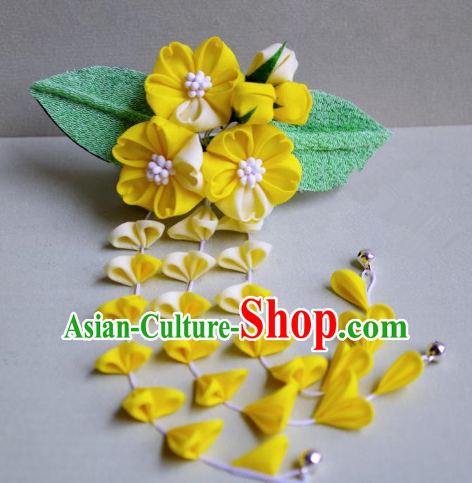 Japanese Geisha Kimono Yellow Cherry Blossom Tassel Hair Claw Hairpins Traditional Yamato Hair Accessories for Women