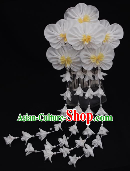 Japanese Geisha Kimono White Phalaenopsis Tassel Hair Claw Hairpins Traditional Yamato Hair Accessories for Women