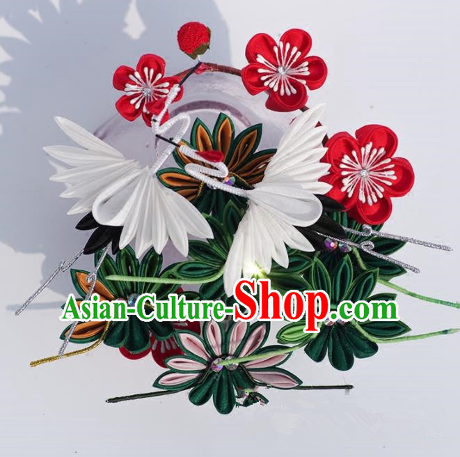 Japanese Geisha Kimono Red Plum Crane Hair Claw Hairpins Traditional Yamato Hair Accessories for Women