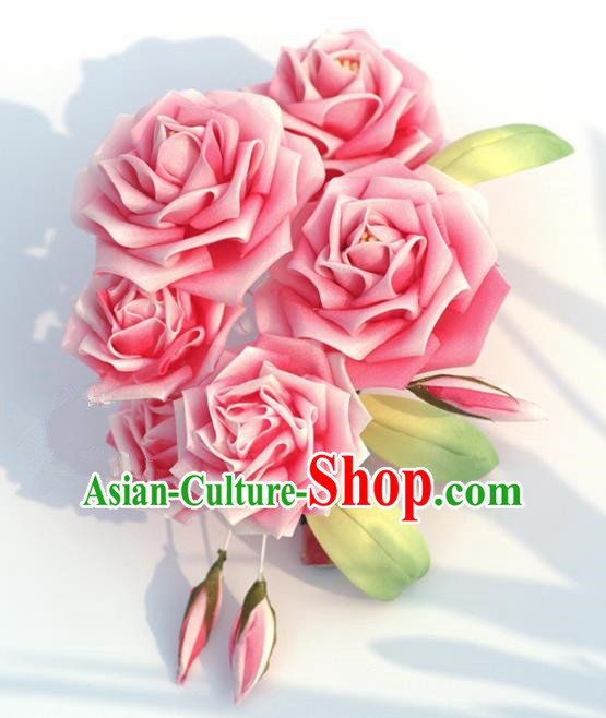 Japanese Geisha Kimono Pink Roses Hair Claw Hairpins Traditional Yamato Hair Accessories for Women