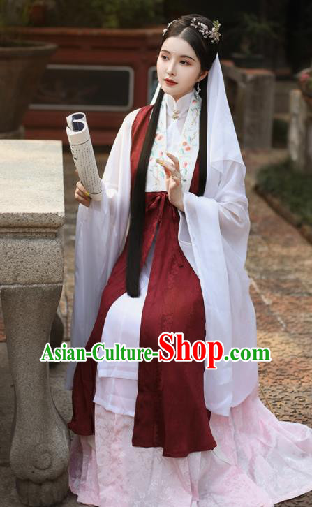 Traditional Chinese Ming Dynasty Imperial Consort Historical Costume Ancient Drama Taoist Nun Wine Red Hanfu Dress for Women