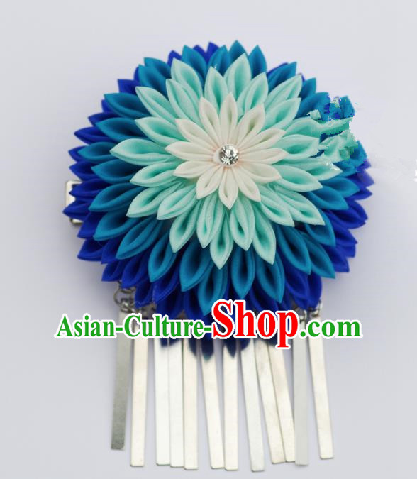 Japanese Geisha Kimono Blue Chrysanthemum Hair Claw Tassel Hairpins Traditional Yamato Hair Accessories for Women