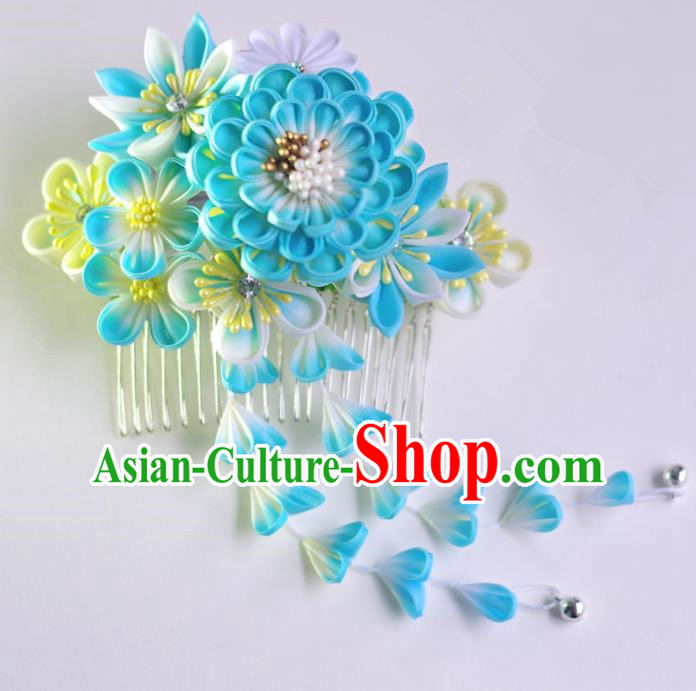 Japanese Geisha Kimono Blue Peony Tassel Hair Comb Hairpins Traditional Yamato Hair Accessories for Women