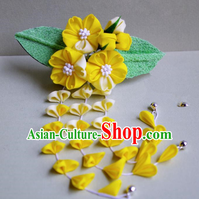 Japanese Geisha Kimono Yellow Sakura Tassel Hair Claw Hairpins Traditional Yamato Hair Accessories for Women