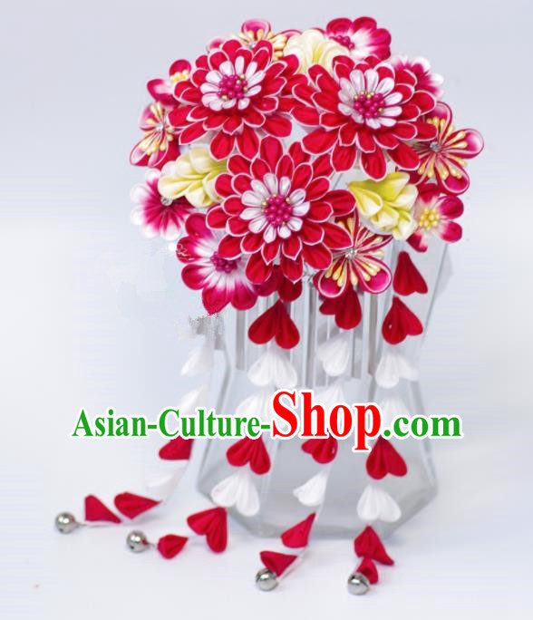 Japanese Geisha Kimono Red Peony Tassel Hairpins Traditional Yamato Hair Accessories for Women