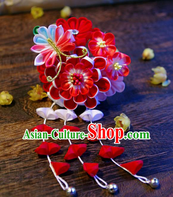 Japanese Geisha Kimono Red Peony Butterfly Tassel Hairpins Traditional Yamato Hair Accessories for Women