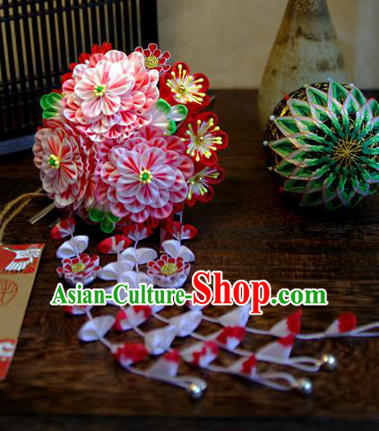 Japanese Geisha Kimono Pink Peony Sakura Tassel Hairpins Traditional Yamato Hair Accessories for Women