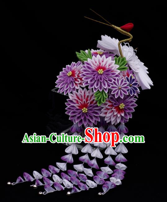 Japanese Geisha Kimono Purple Wisteria Crane Tassel Hairpins Traditional Yamato Hair Accessories for Women