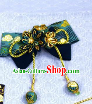 Japanese Geisha Kimono Green Bowknot Bells Tassel Hair Claw Hairpins Traditional Yamato Hair Accessories for Women