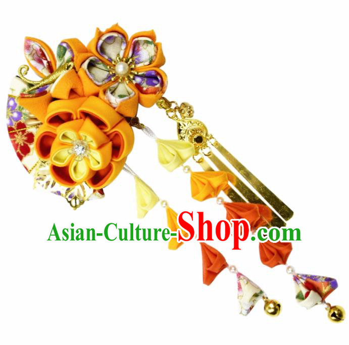 Japanese Geisha Kimono Orange Sakura Bells Tassel Hair Claw Hairpins Traditional Yamato Hair Accessories for Women