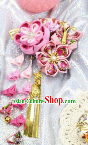 Japanese Geisha Kimono Pink Sakura Bells Tassel Hair Claw Hairpins Traditional Yamato Hair Accessories for Women