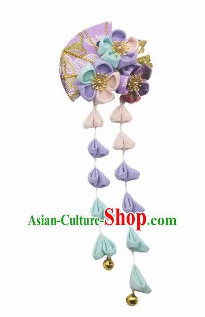 Japanese Geisha Oiran Kimono Purple Sakura Tassel Hair Claw Hairpins Traditional Yamato Hair Accessories for Women