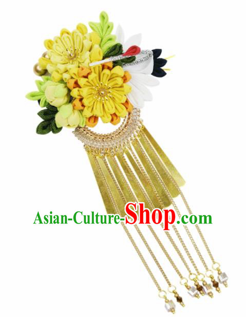 Japanese Geisha Oiran Kimono Chrysanthemum Crane Tassel Hair Claw Hairpins Traditional Yamato Hair Accessories for Women