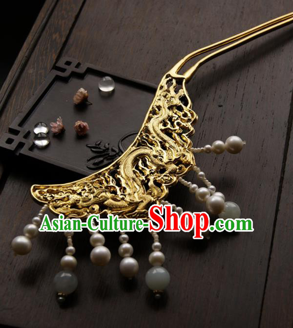 Chinese Ancient Queen Golden Dragon Tassel Hairpins Traditional Hanfu Hair Clip Hair Accessories for Women