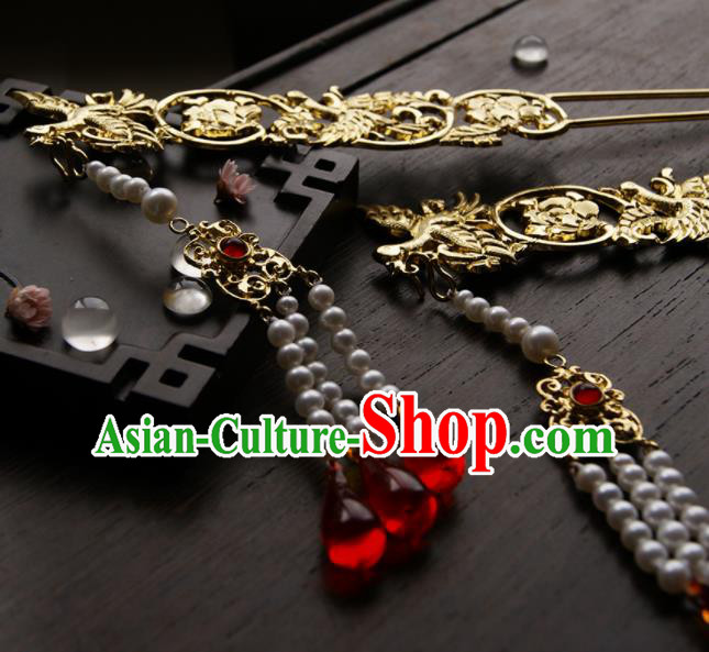 Chinese Ancient Ming Dynasty Golden Crane Tassel Hairpins Step Shake Traditional Hanfu Hair Accessories for Women