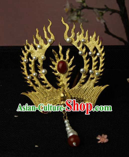 Chinese Ancient Ming Dynasty Golden Phoenix Tassel Hairpins Hair Clip Traditional Hanfu Hair Accessories for Women