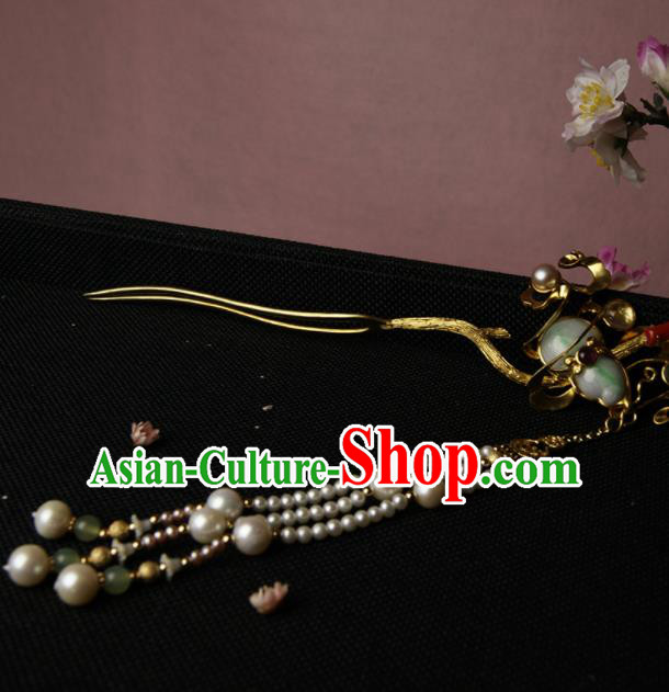 Chinese Ancient Ming Dynasty Jade Cucurbit Tassel Hairpins Hair Clip Traditional Hanfu Hair Accessories for Women