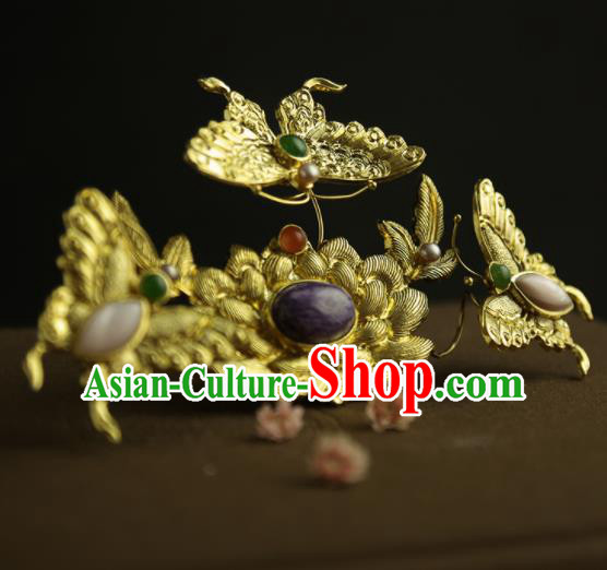 Chinese Ancient Queen Golden Butterfly Lotus Hairpins Traditional Hanfu Hair Clip Hair Accessories for Women