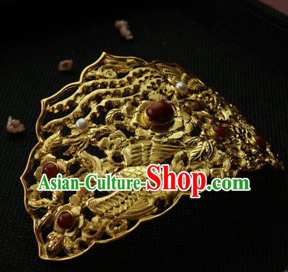 Chinese Ancient Ming Dynasty Golden Crane Phoenix Hairpins Hair Crown Traditional Hanfu Hair Accessories for Women