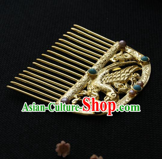 Chinese Ancient Queen Golden Carving Parrot Hair Comb Hairpins Traditional Hanfu Hair Accessories for Women