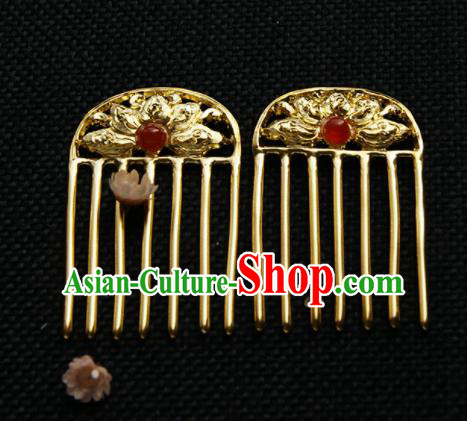 Chinese Ancient Queen Golden Carving Lotus Hair Comb Hairpins Traditional Hanfu Hair Accessories for Women