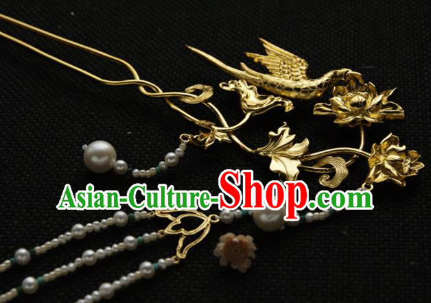 Chinese Ancient Queen Golden Carving Lotus Parrot Tassel Hairpins Traditional Hanfu Hair Accessories for Women