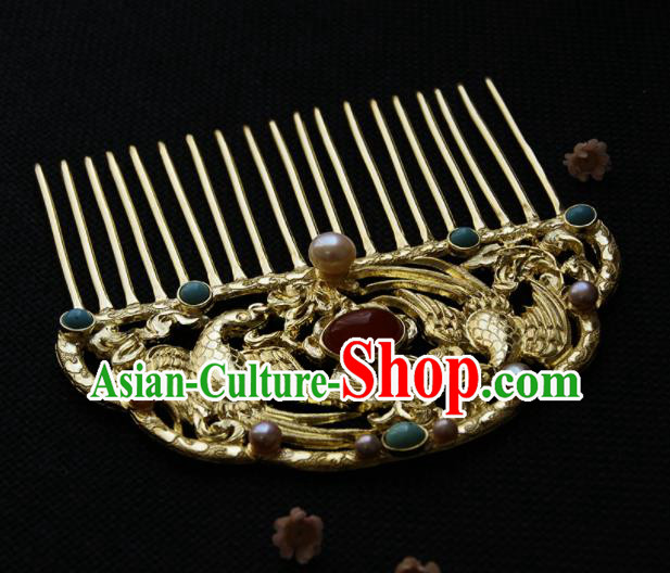 Chinese Ancient Queen Golden Carving Parrot Hair Comb Hairpins Traditional Hanfu Hair Accessories for Women