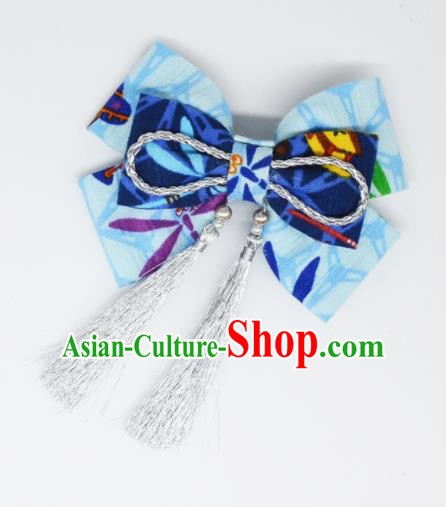 Japanese Geisha Oiran Kimono Light Blue Bowknot Tassel Hair Claw Hairpins Traditional Yamato Hair Accessories for Women