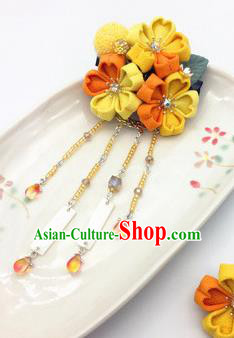 Japanese Geisha Oiran Kimono Yellow Sakura Tassel Hair Stick Hairpins Traditional Yamato Hair Accessories for Women