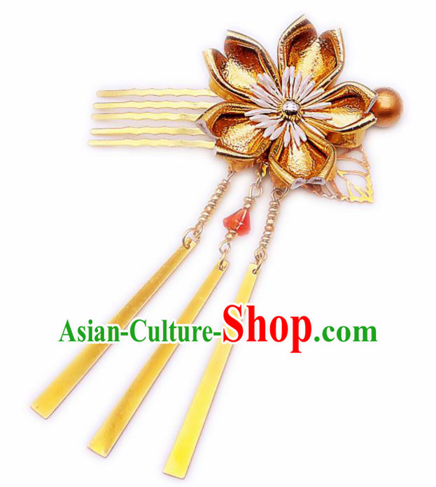 Japanese Geisha Courtesan Kimono Golden Sakura Hair Comb Hairpins Traditional Yamato Hair Accessories for Women