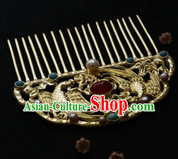 Chinese Ancient Tang Dynasty Queen Golden Parrot Agate Hair Comb Hairpins Traditional Hanfu Hair Accessories for Women