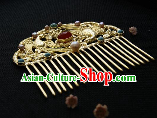 Chinese Ancient Tang Dynasty Queen Golden Parrot Agate Hair Comb Hairpins Traditional Hanfu Hair Accessories for Women